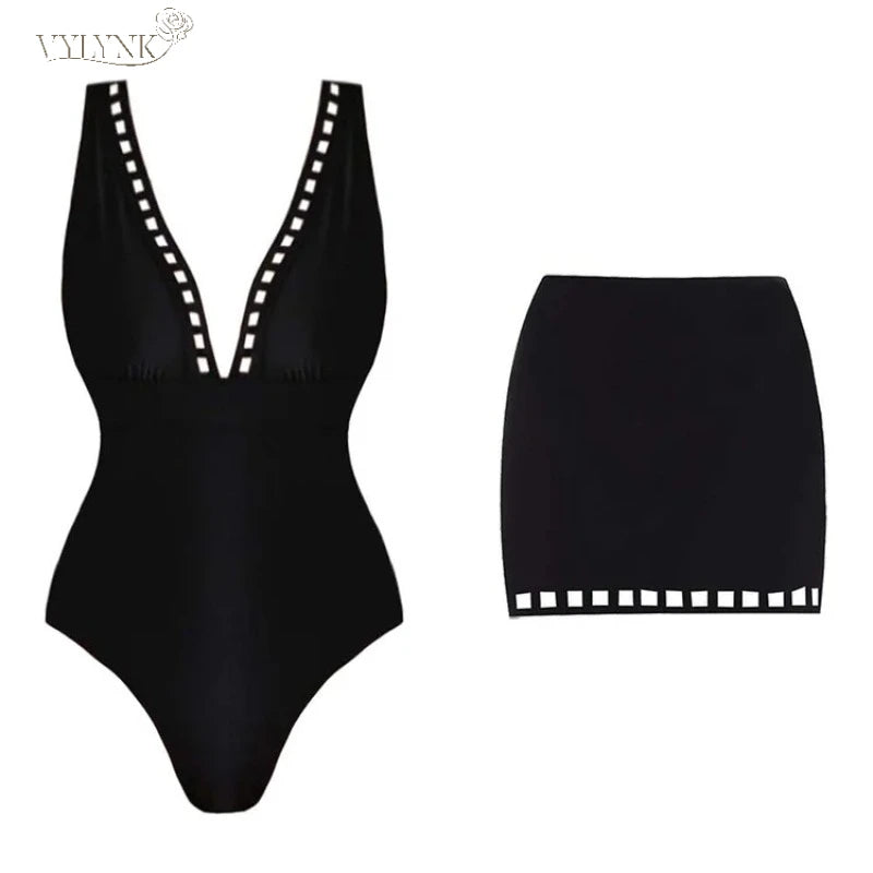 2026 Swimwear Women’s V-Neck One-Piece Swimwear with Skirt Set – Sexy Beachwear Holiday Bathing Suit for Vacation Outfit Dress
