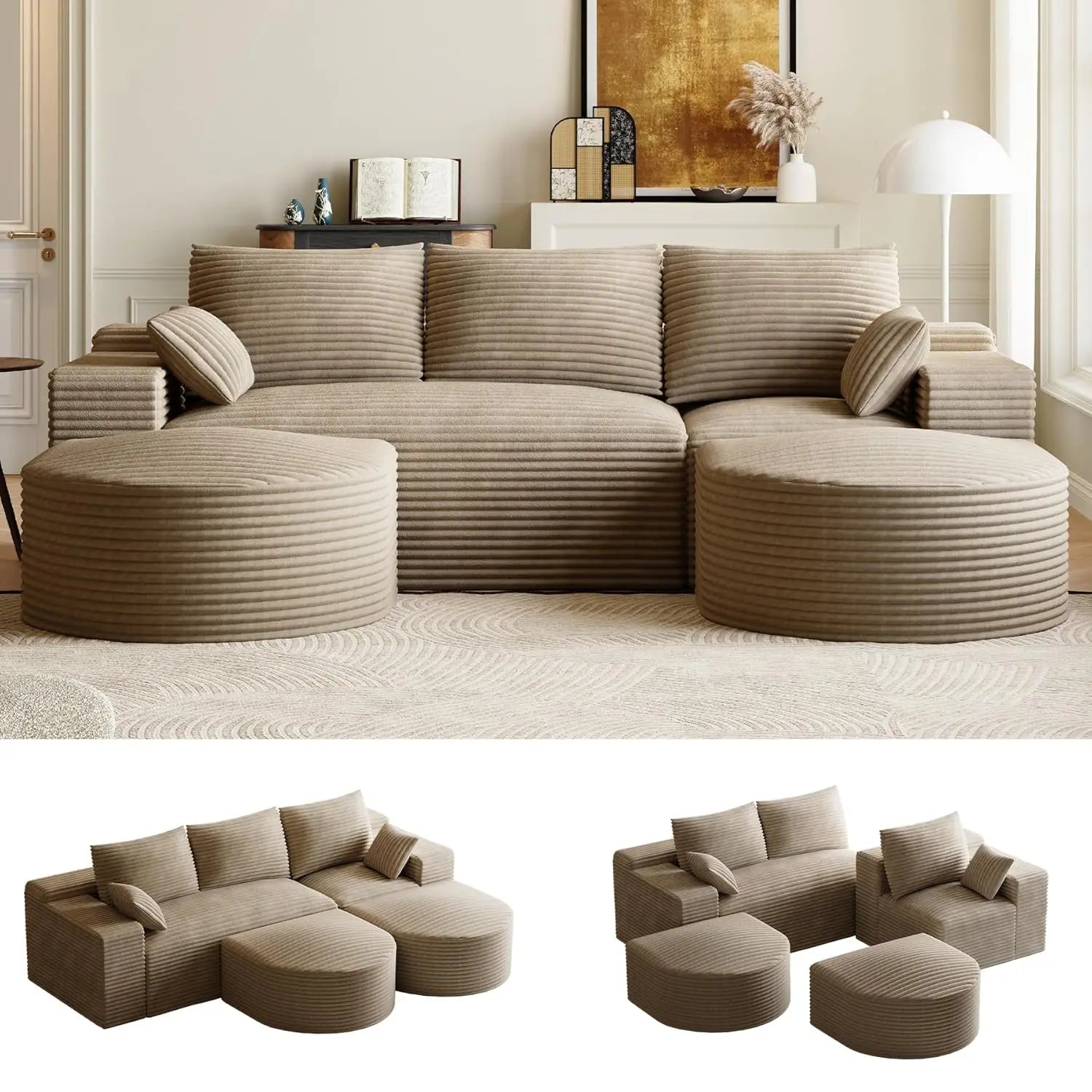 108in U-Shape Modular Sectional Sofa Deep Seat Corduroy Oversize Ottoman Cloud Couch Small Apartment Green Custom