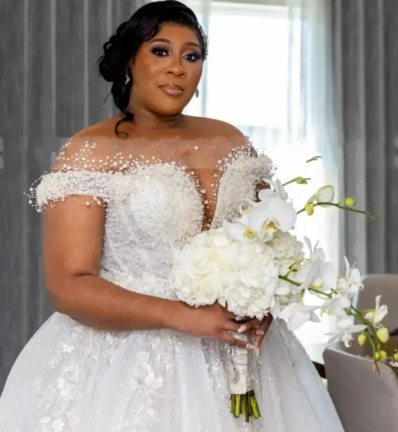 Customized Wedding Dress For Bride 2026 Sheer Neck Lace Up Back Major Beading Sequins Pearls Plus Size Women Africa Bridal Gowns Main image