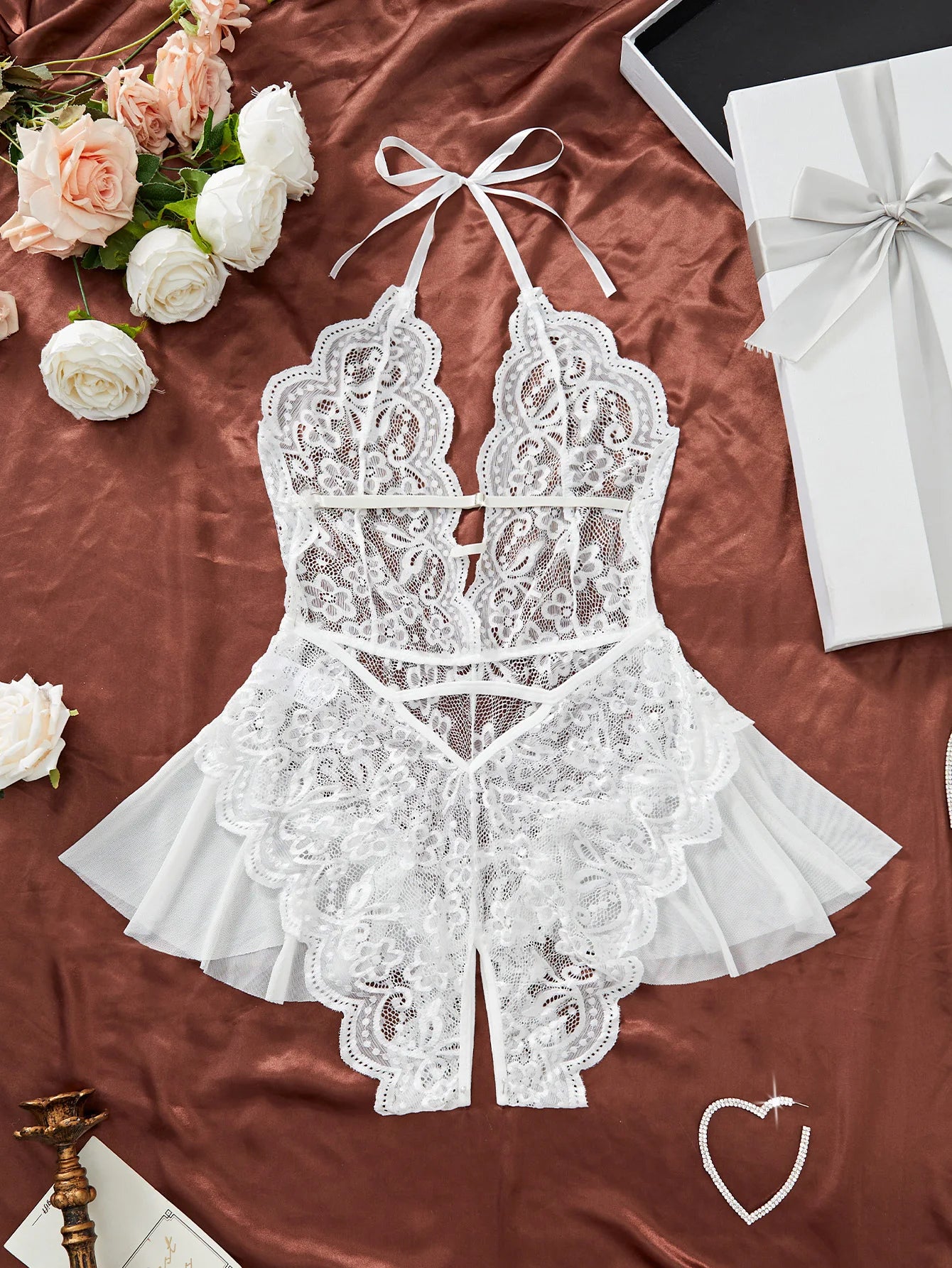 Plus Size 4XL Erotic Backless Deep V Sexy Lingerie Transparent Floral Lace Women Night Dress Teddy Babydoll Crotchless Underwear