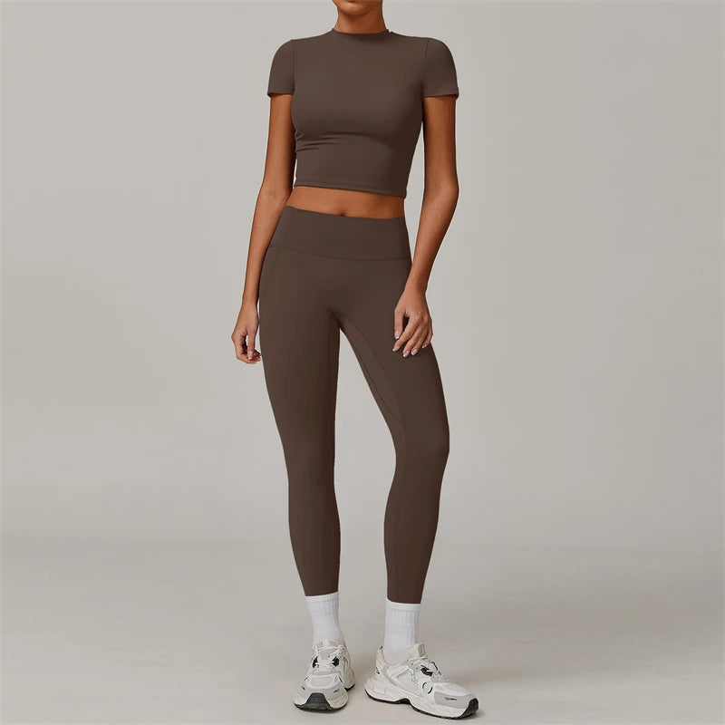 2 Pieces Women Yoga Set Workout Sportswear Gym Clothing Fitness Short Sleeve Crop Top High Waist Leggings Sport Suits