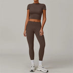 2 Pieces Women Yoga Set Workout Sportswear Gym Clothing Fitness Short Sleeve Crop Top High Waist Leggings Sport Suits