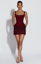 Sexy Sequin Patchwork Sling Mini Dress Women Chic Off-shoulder Backless Waist Cinching Slim Short Dresses Lady Club Party Gowns