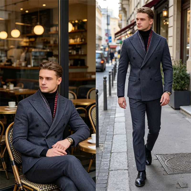 Wool Blend Men's 2 Piece Suit Set（Jacket+Pants) Double Breasted Lapel Suit Set Wedding Prom Dinner Wrok Travel Dinner Banquet Main image