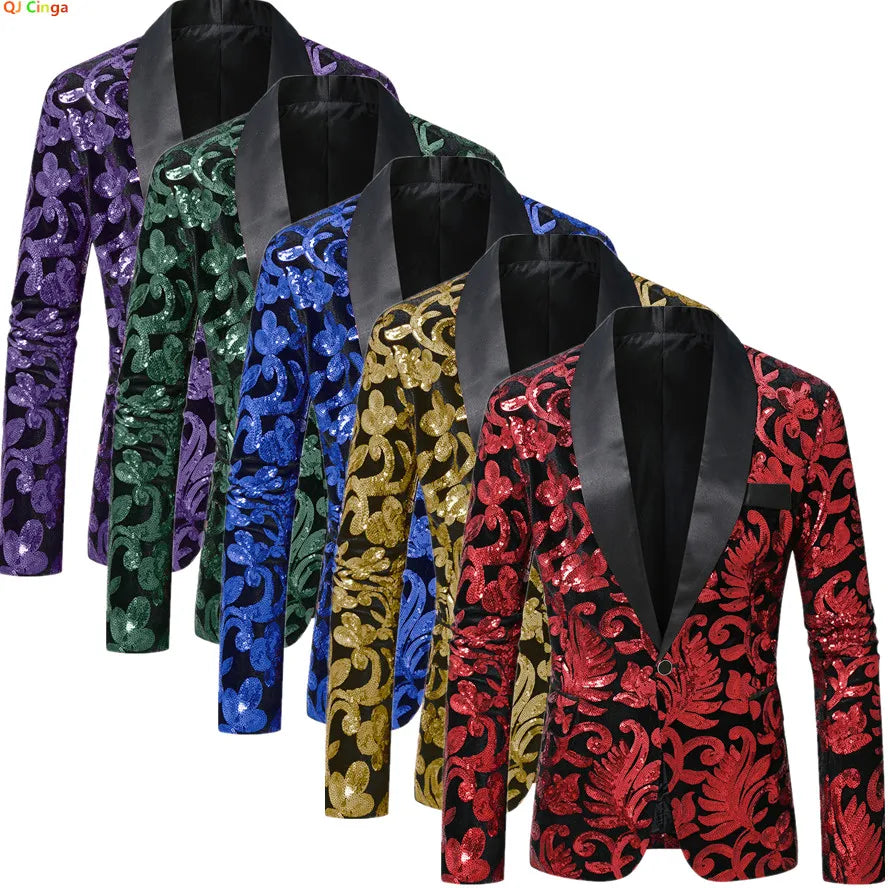 Shiny Sequin Embellished Single Button Stage Performance Outerwear in Blue Gold Green Purple Options for Men's Red Suit Jacket Secondary image