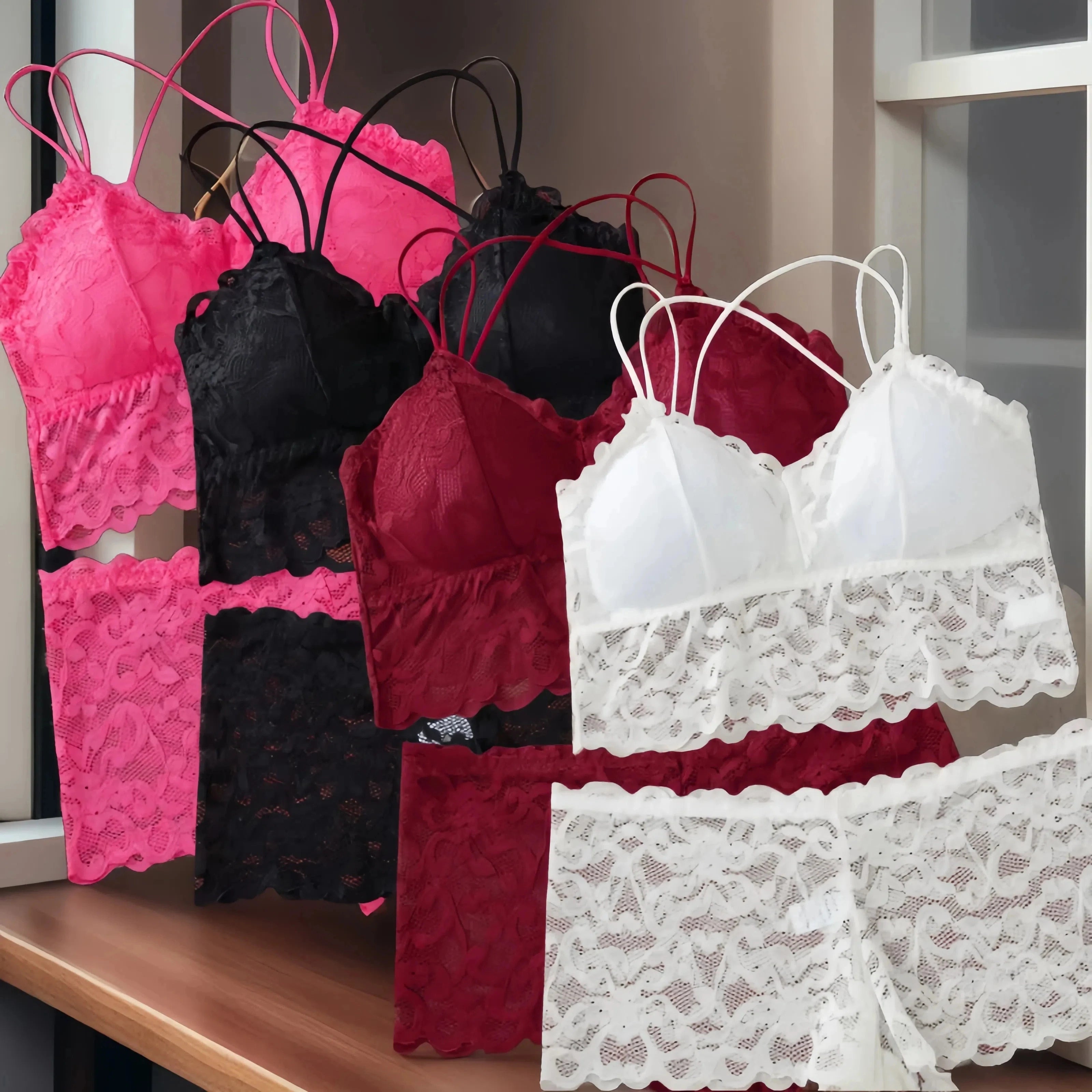 4pcs Sexy Comfortable Fashion Casual Lace Women's Underwear Set Gathered No Steel Ring Beautiful Back Bra Set Panty Main image