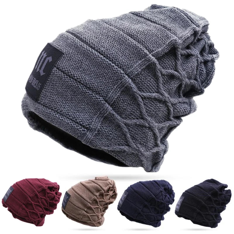 New Unisex Warm Winter Hat Fashion NC Letter Label Knitted Hats For Men & Women Add Fur Lined Thick Ski Beanie Cap Main image