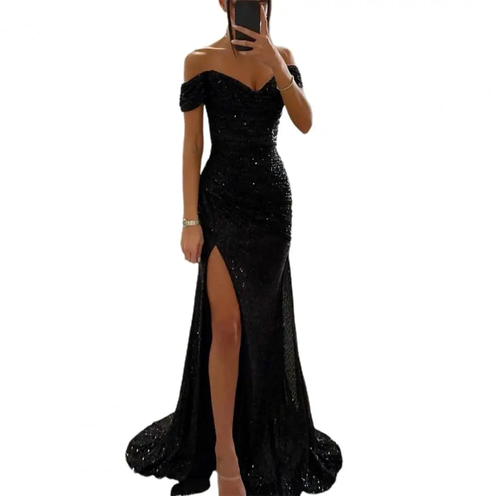2026 Elegant Off-shoulder Gown Dress V-Neck Sequin Pleated Short Sleeve Waist Tight Maxi Dress Split Evening Party Prom Dress