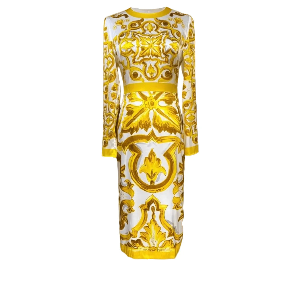 Designer Inspired 100% Silk Midi Dress 2026 Women Slim Fit Yellow Porcelain Print Luxury Holiday Party Runway Dress