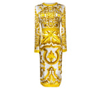 Designer Inspired 100% Silk Midi Dress 2026 Women Slim Fit Yellow Porcelain Print Luxury Holiday Party Runway Dress