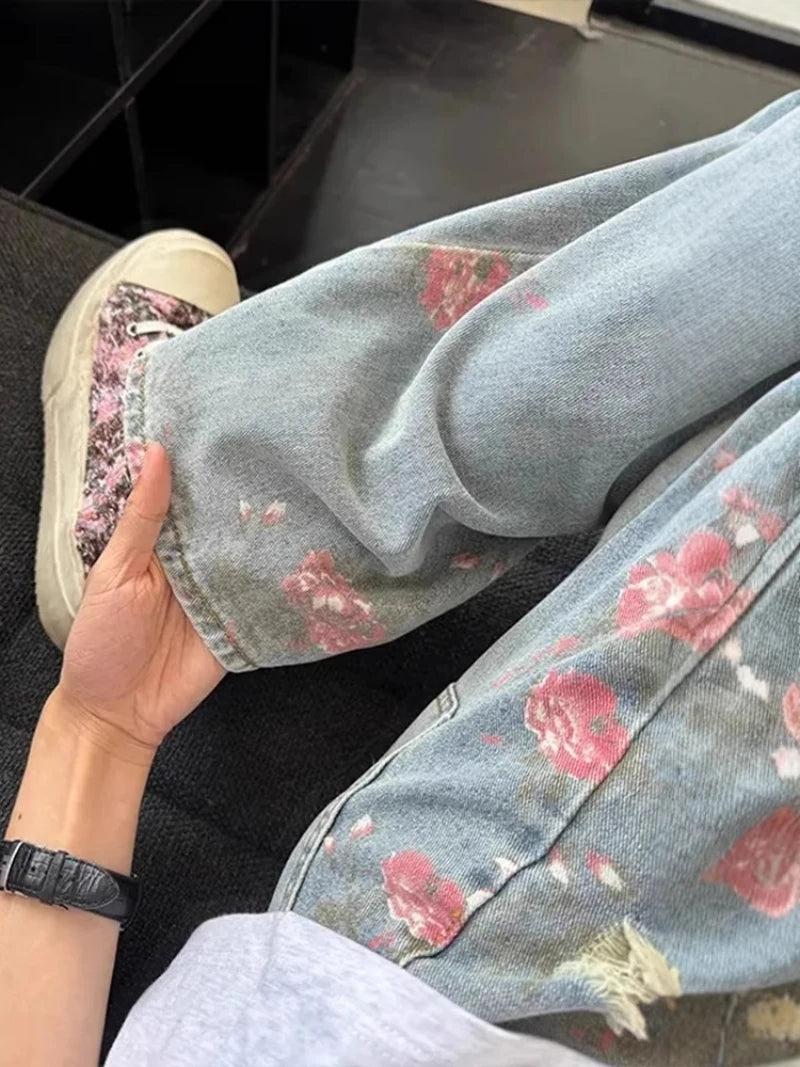 Vintage Cute High Waisted Straight Leg Jeans Casual Y2K Flower Printed Fringe Ripped Streetwear Denim Pants