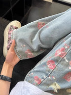 Vintage Cute High Waisted Straight Leg Jeans Casual Y2K Flower Printed Fringe Ripped Streetwear Denim Pants