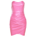 Hot Summer PU Faux Leather Strapless Bodycon Dress Women Sexy Solid Mini Sheath Folds Dresses Night Party Clubwear