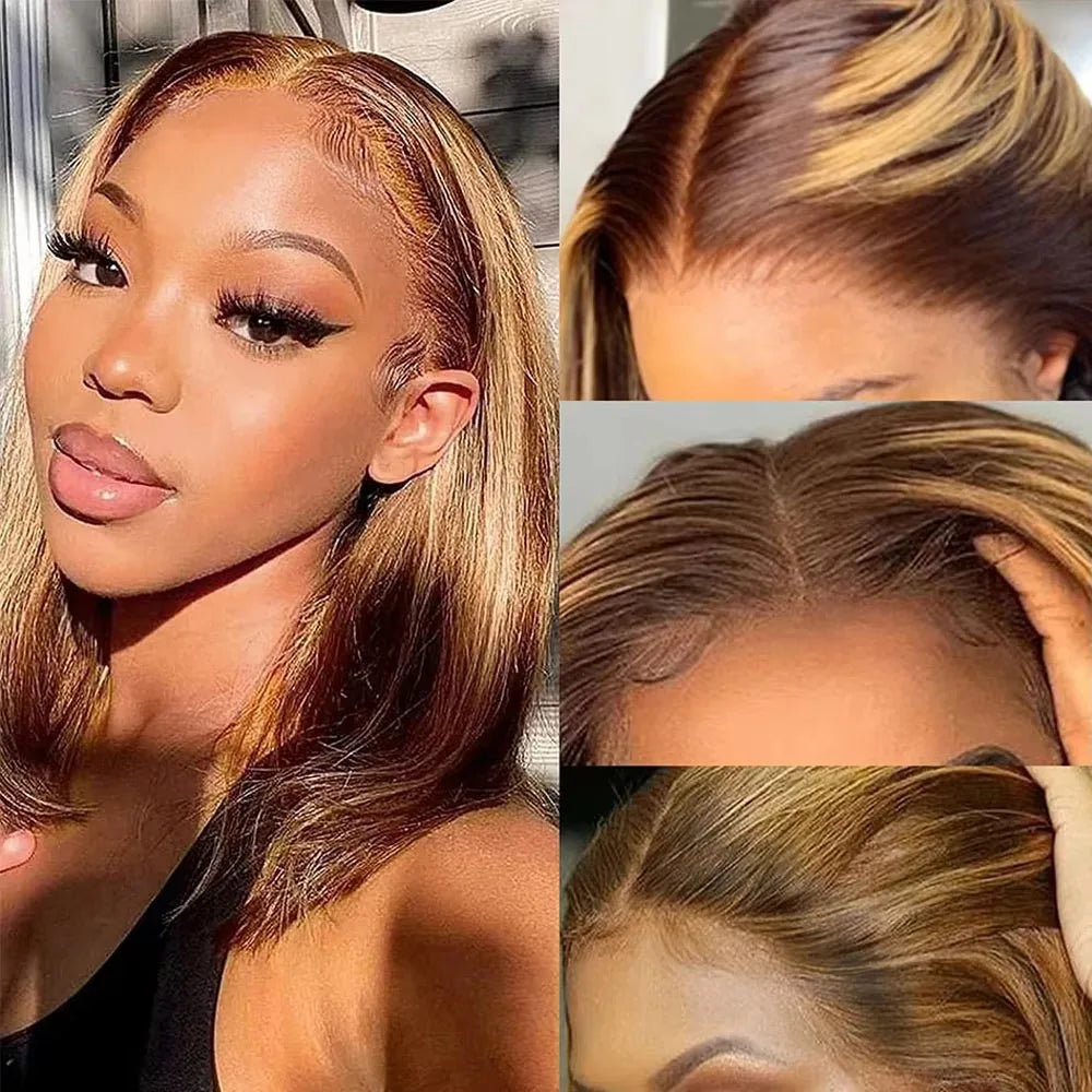 Straight Short Bob Wig P4/27 Highlight 13x4 Transparent Lace Frontal Wig 100% Brazilian Human Hair Wig 180 Density For Women
