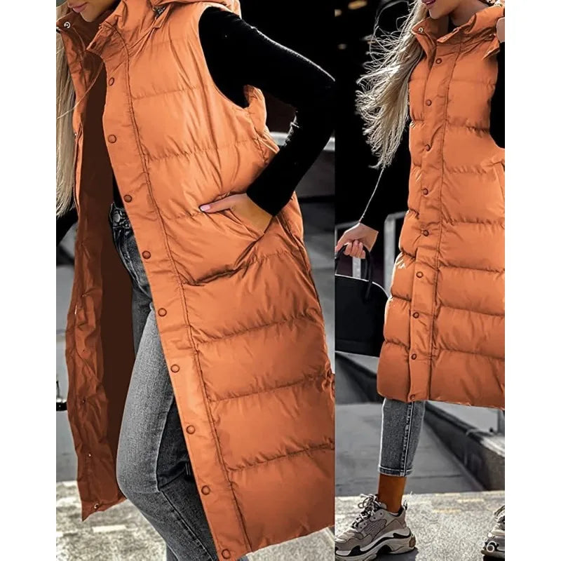 Women Solid Loose Zip Cardigan Parkas 2023 Autumn Winter Parkas Vest Coat Women Sleeveless Hooded Single Breasted Long Vest Coat Main image