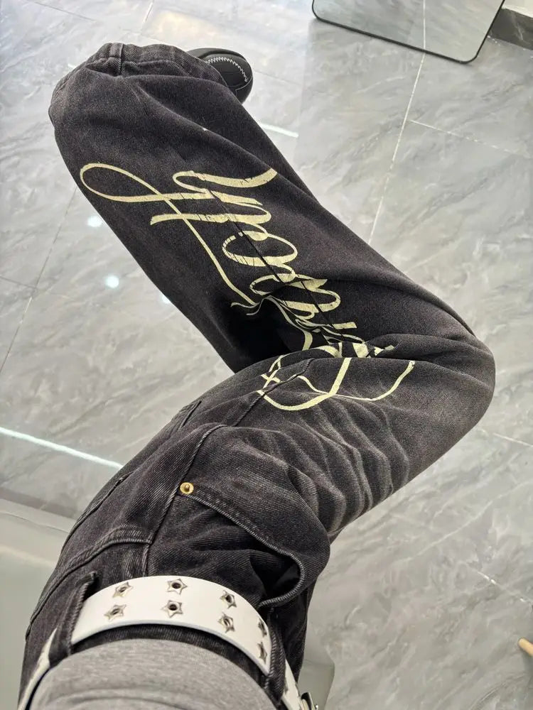 American New Fashion Oversized Letter Printing Black Washed Jeans Ladies Y2K Popular Casual Joker Loose Wide-leg Mop Pants Main image
