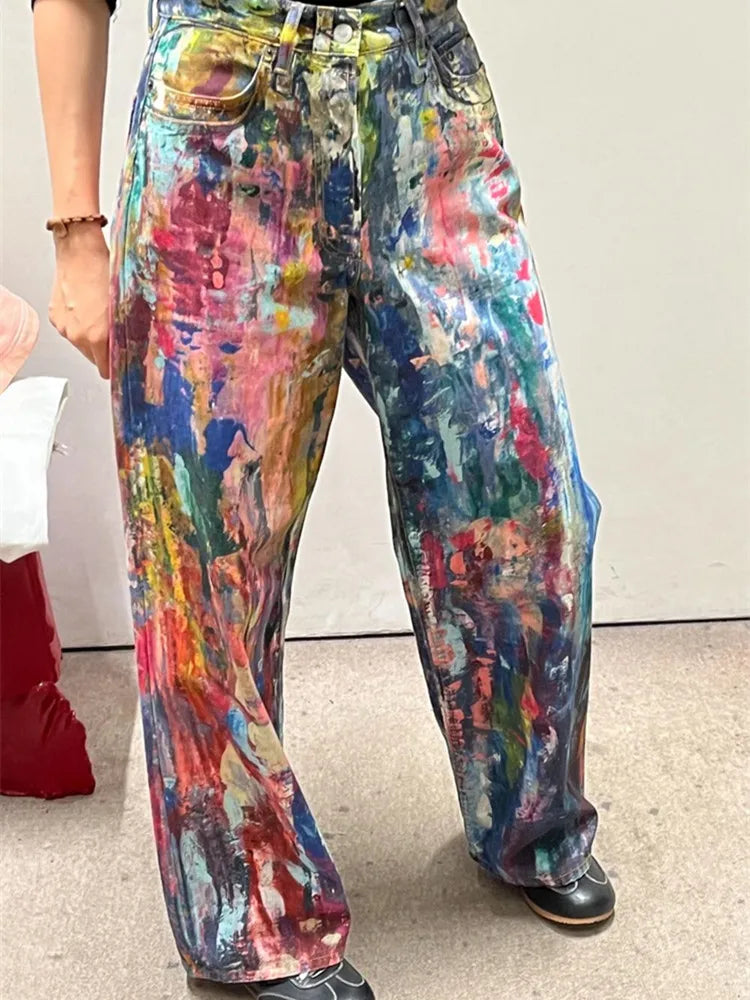 2025 Ropa Y2K Streetwear Graffiti Painting Baggy Jeans Pants For Men Designer Clothes Colorblock Kanye Wide Leg Denim Trousers