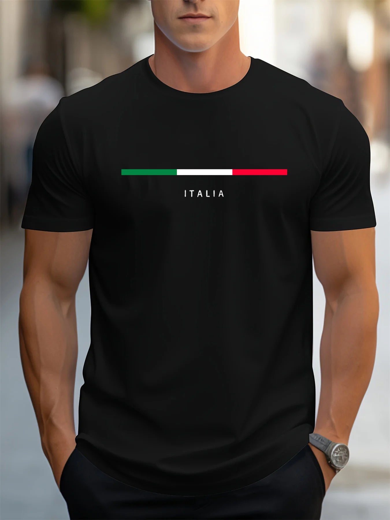 Men's summer 100 cotton fashionable casual loose plus size ITALIA pattern printed sports round neck short sleeved T-shirt top Secondary image