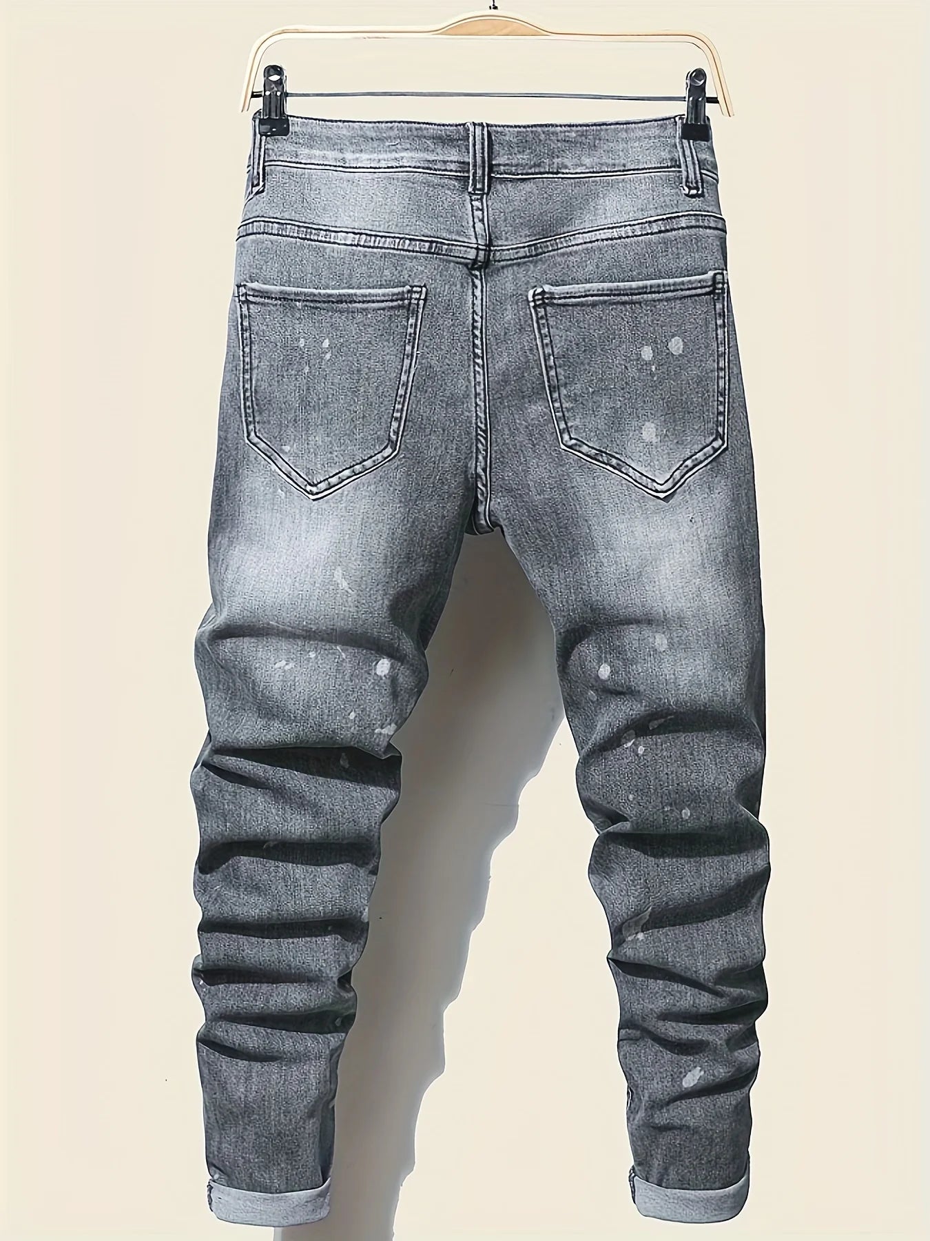 Men's slim fit ripped long denim pants, tight jeans with pockets, side straps, and zippers, men's jogging pants, ripped stretch Secondary image