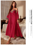 Female Long Twinset Robe Set Nightgown Spring Summer Kimono Bathrobe Gown Sexy Lace Trim Nightdress Satin Home Wear Loungewear