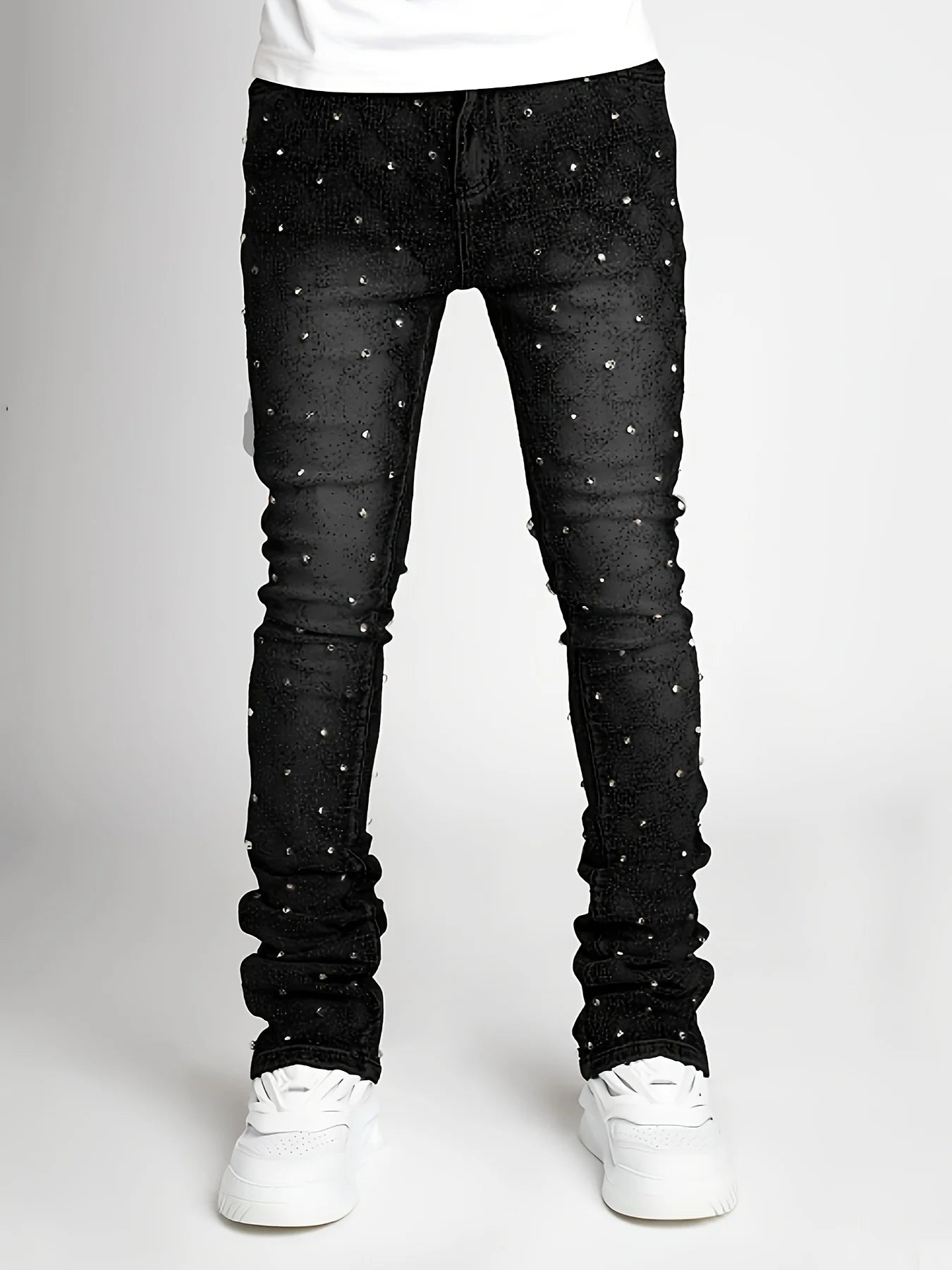 Men's denim fashion personality straight leg men's pants European and American fashion Instagram hot item elastic pearl denim la Secondary image