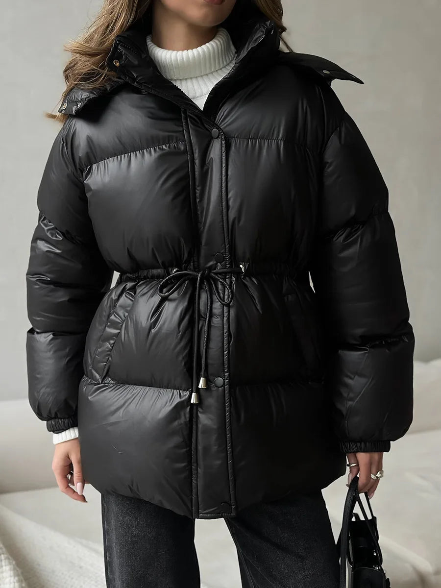 Bornladies Drawstring Slim Fit Cotton Jacket Women's  Winter New Hooded Zipper Cotton Robe Comfortable Warm Bread Jacket