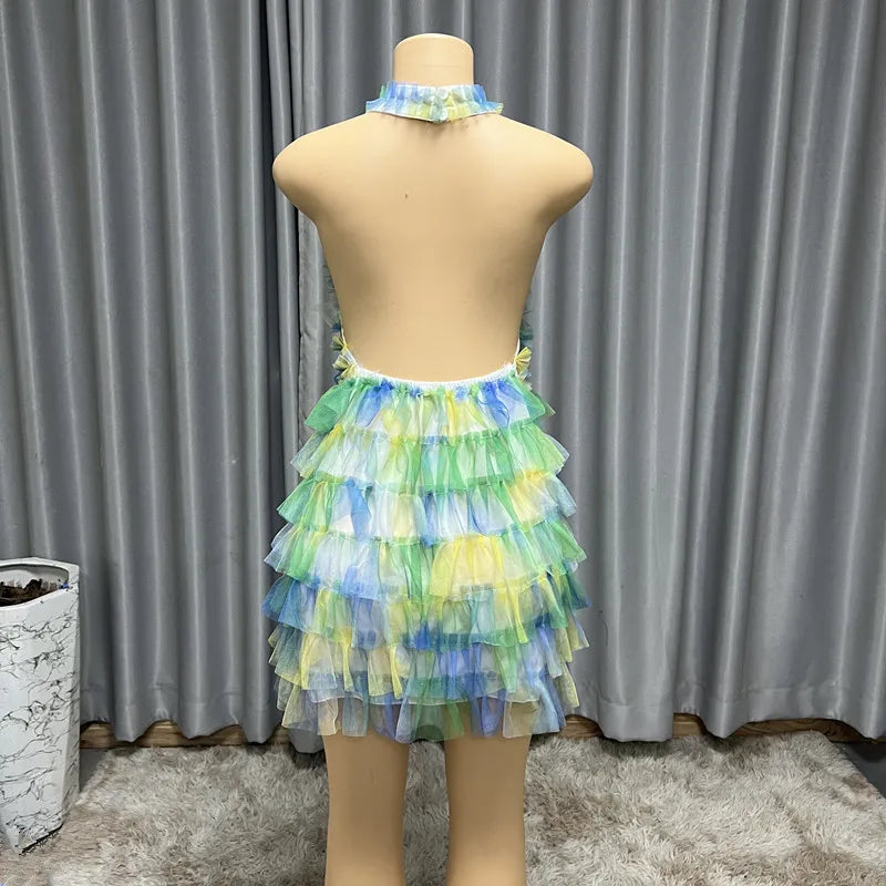 HLJ Sexy Mesh Ruched Patchwork Bodycon Dresses Women Cake Gradient Halter Backless Dress Female Streetwear Vestidos Summer New