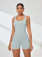Sexy Backless Women Yoga Rompers U Neck Sleeveless Threaded Jumpsuit Solid Color Elastic Bodysuit Without Bust Pads Streetwear