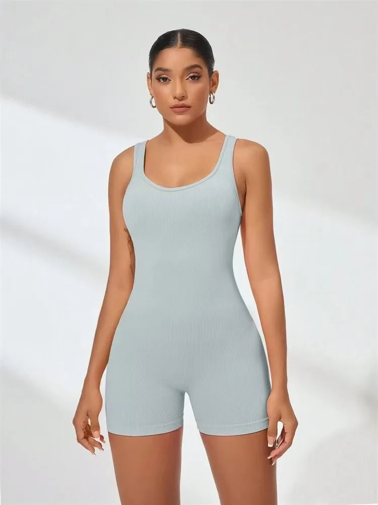 Sexy Backless Women Yoga Rompers U Neck Sleeveless Threaded Jumpsuit Solid Color Elastic Bodysuit Without Bust Pads Streetwear