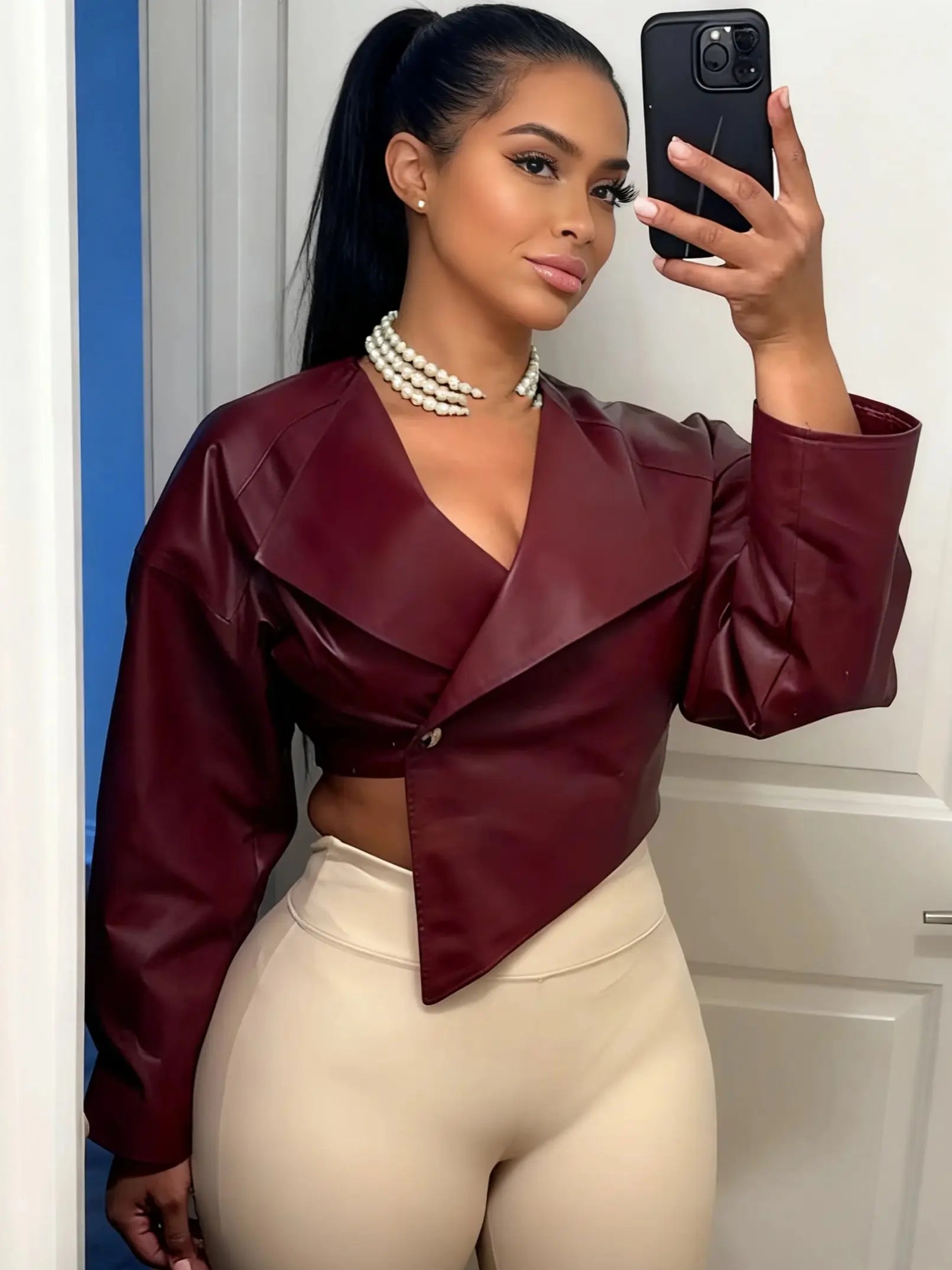 Sisterlinda Faux Leather Single Button Crop Jacket Women Autumn Trend Cross Neck Full Sleeve Wild Style Classic Streetwear Coat Main image