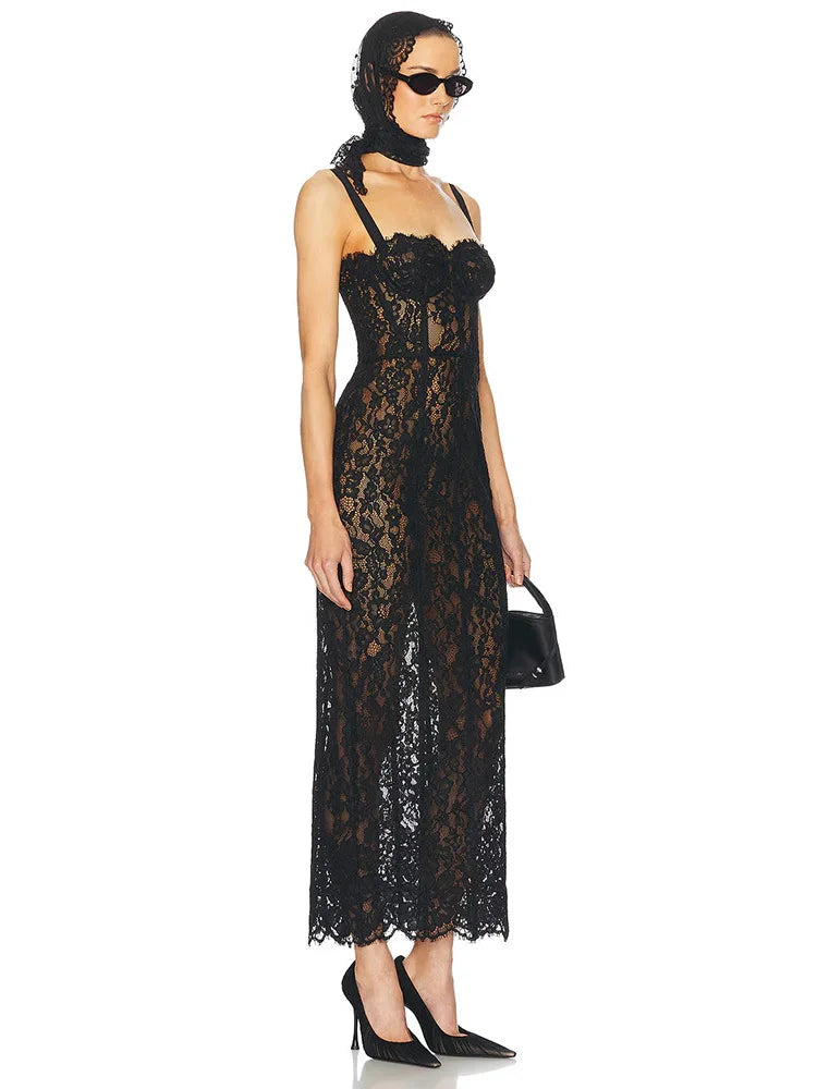 Sexy Spaghetti Strap V Neck Lace Long Dress Women Black Floral Lace Sleeveless Bodycon Dresses Elegant Evening Celebrity Party