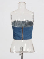 TWOTWINSTYLE Soild Two Piece Sets for Women Straplelss Sleeveless Vest High Wiast Patchwork Hollow Out Jeans Elegant Set Female