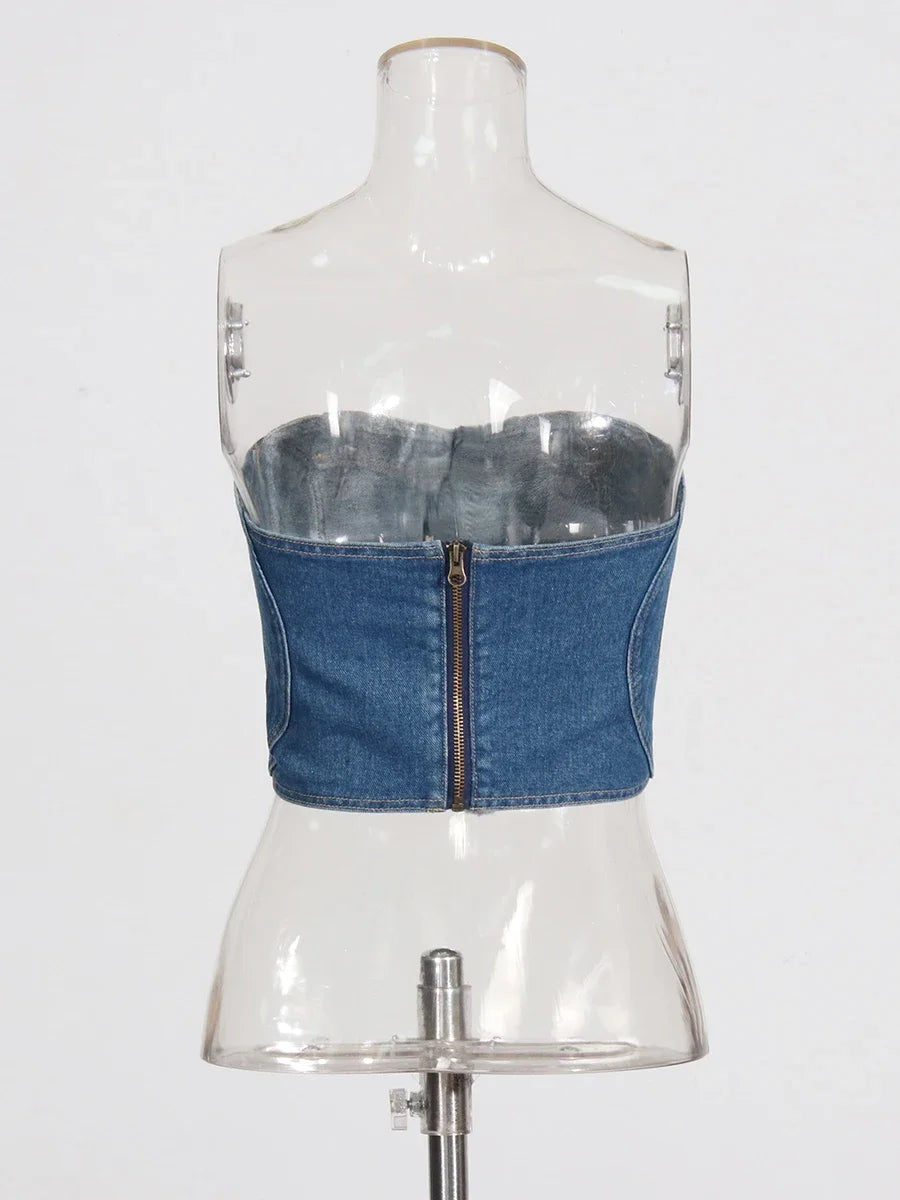 TWOTWINSTYLE Soild Two Piece Sets for Women Straplelss Sleeveless Vest High Wiast Patchwork Hollow Out Jeans Elegant Set Female