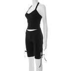 Women Solid Sexy 2 Piece Set Summer Tracksuits Lace Up Halter Backless Tank Crop Tops + Skinny Knee Length Pants Fitness Suits