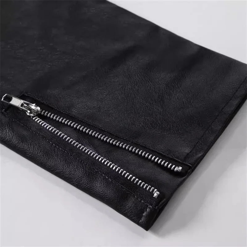 2026 New Men Solid Color Imitation Leather Jacket Red Fashion Homme Oblique Zipper Biker Coats Male Bar KTV Casual Top