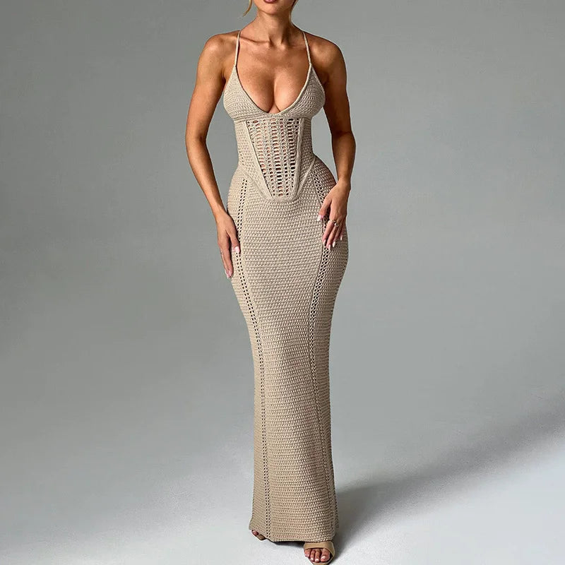 Fashion Solid V Neck Slim Fit Knit Maxi Dress Elegant Hollow Out Lace Up Backless Gown New Lady Summer Vacation Beach Vestidos