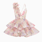 Elegant Floral Print Puff Sleeve Ball Gown Mini Dress Women 3D Flower V-neck Summer Beach Dresses Chic Holiday Evening Vestidos