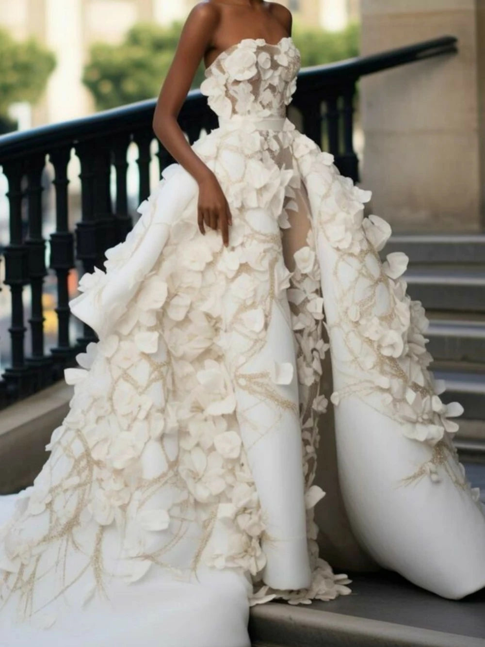 Romantic Strapless Wedding Dresses 3D Flowers Customized Luxury Satin With Detachable Tail Fashion Bridal Gown Vestido De Novia Main image