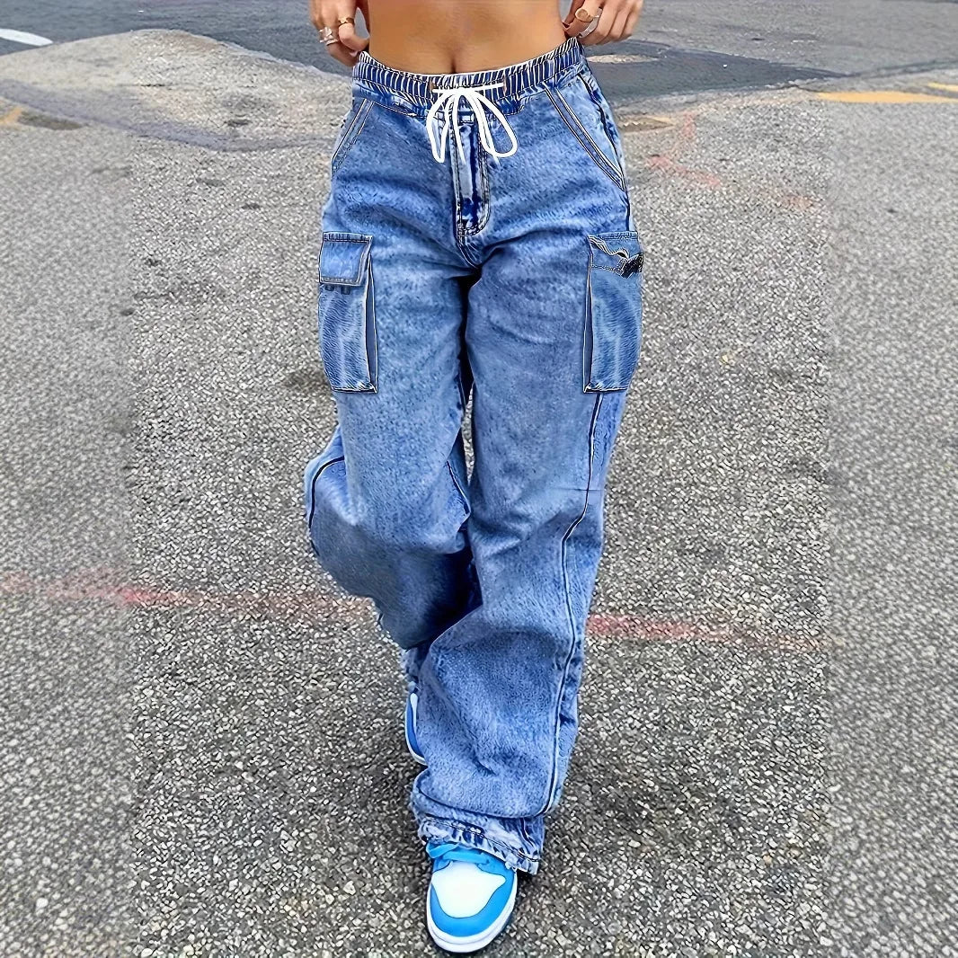 Cargo Pants Jeans Women Streetwear Straight Trousers Multiple Pockets High Waist Vintage Distressed Washed Female Denims 2025 Main image