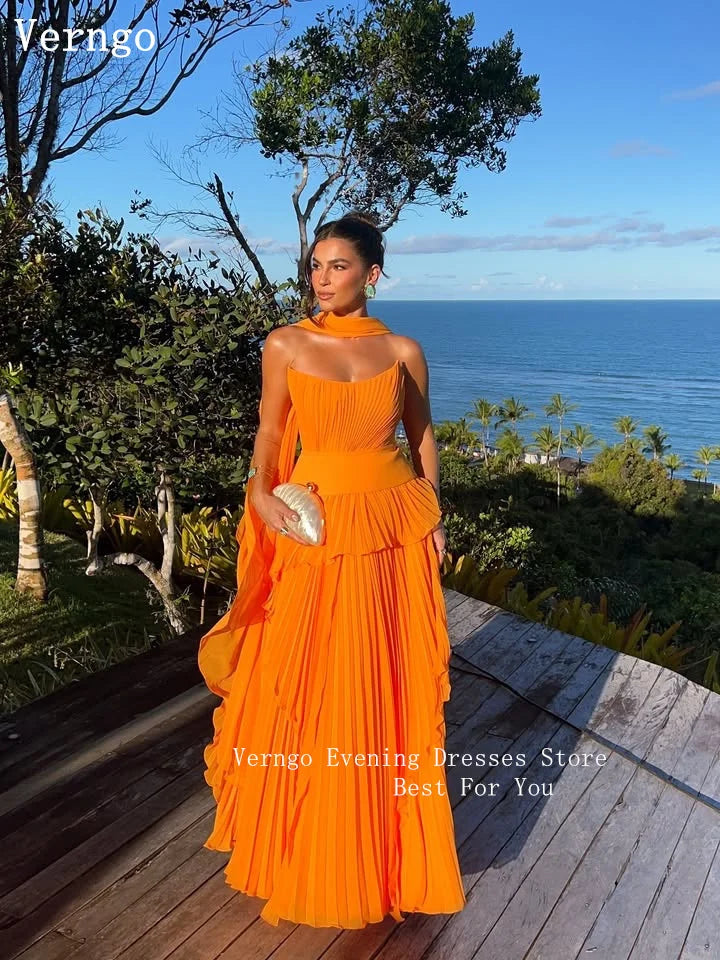 Verngo Orange Chiffon Evening Dress Strapless A Line Scarf Prom Party Gowns Women Elegant Saudi Arabia Party Dress Customized 2026