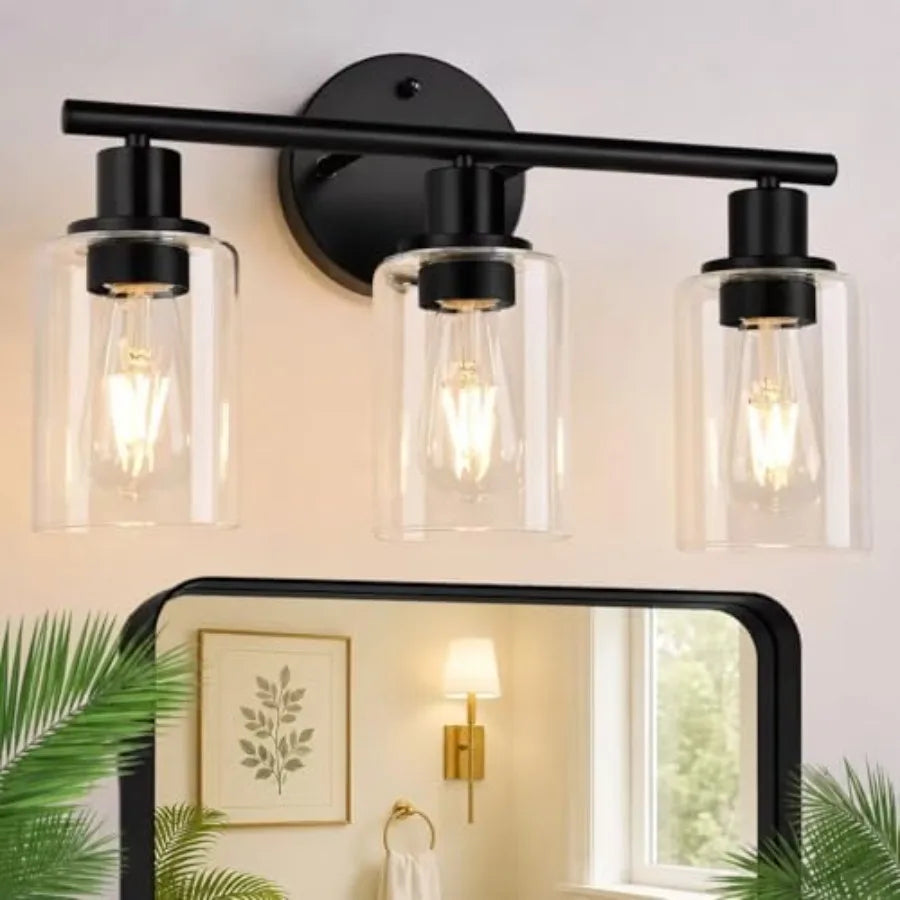 3-Light Bathroom Light Fixtures, 17.23" Black Modern Vanity Lights with Clear Glass Shade, Bathroom Wall Lamp for Mirror Kitche