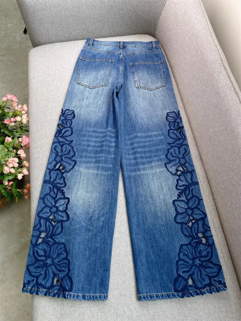 Summer Women Jeans Floral Embroidery Straight Trousers Designer Streetwear Casual Hollow Out Vintage High Waist Denim Long Pants