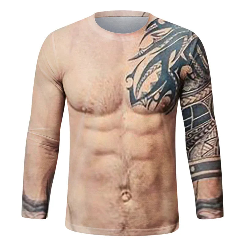 Funny Fake Muscle Graphic T Shirt Men's Long Sleeve T-Shirt New Arrival Sports 3D Printed Tshirt Casual Spring Running Tees Tops