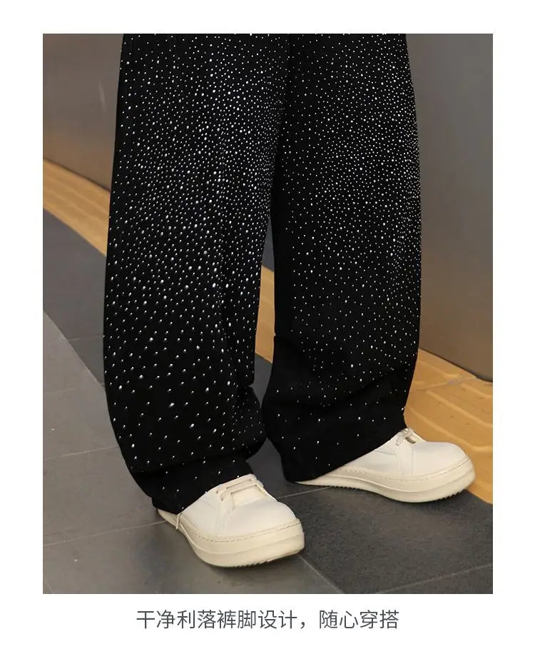 Spring/Summer Rhinestone Straight Leg Jeans Retro Loose Fit Slimming Pants Casual Korean Style Long Pants