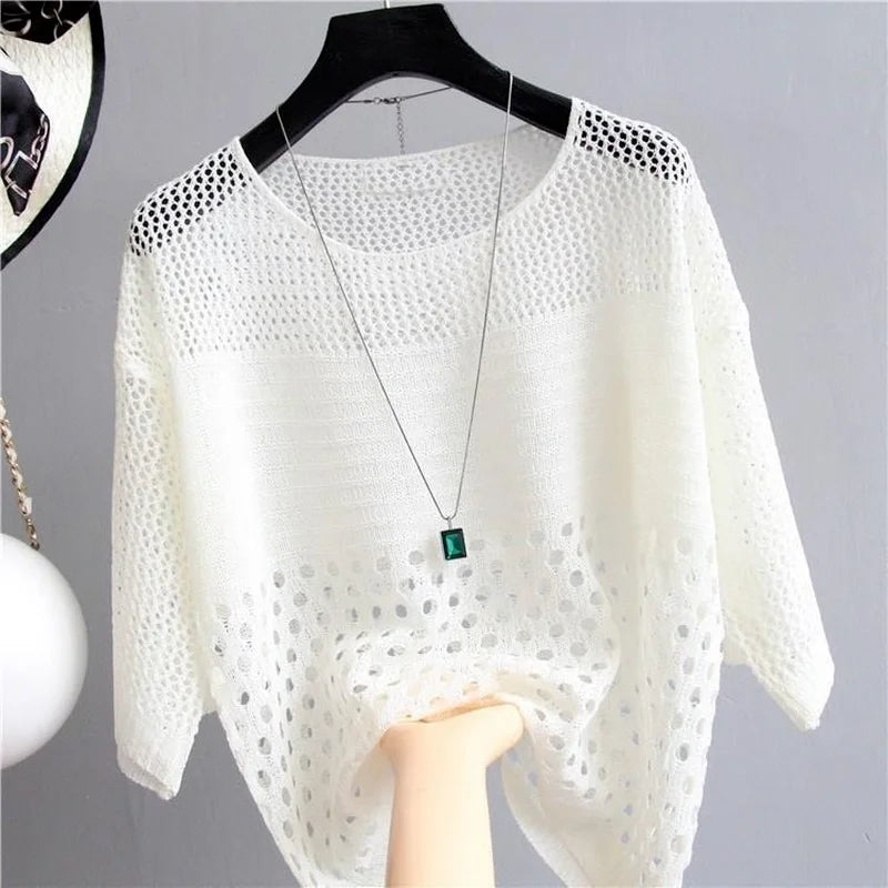 Spring and Summer New Ice Silk Knitted Vest Top Hollow Out Thin Bottoming Sling Streetwear Womens Clothing White Shirt 13686 Main image