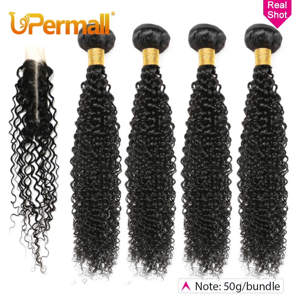 Upermall 50g 4/5/6 Human Hair Bundles With Closure Kim K 2x6 Kinky Curly HD Transparent Middle Part Lace Closure and Bundle Full