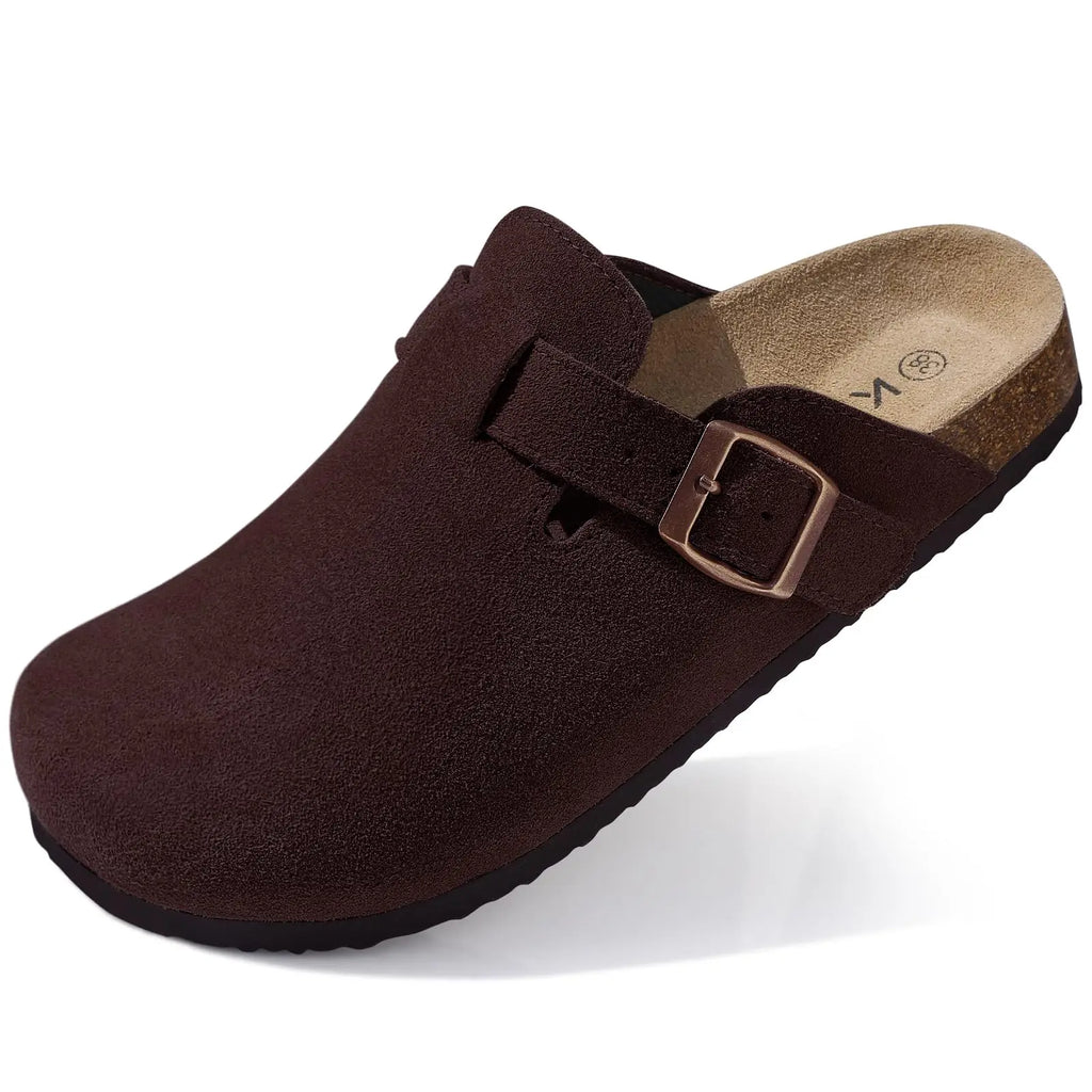 Kidmi Men's Suede Clogs Cork Footbed Clogs for Women Soft Leather Adjustable Buckle Slip-on Potato Shoes Sandals Beach Slippers