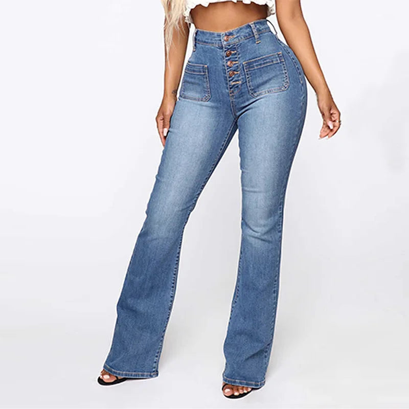 Europe and The United States Slim High Waist Breasted Jeans, Women's Spring and Autumn Fashion Wash Slightly Flared Pants Jeans Main image