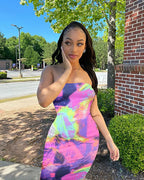 Spring/Summer Women's Colorful Tie Dye Print Off Shoulder Wrapped Chest Dress