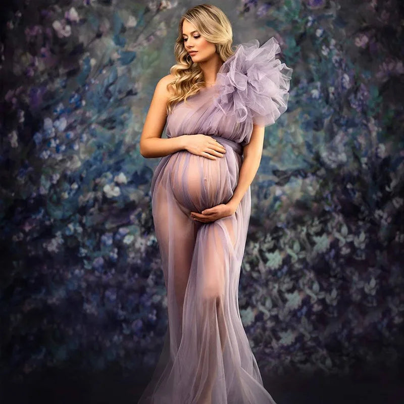 See Through Sexy Maternity Photoshoot Dresses One Shoulder Pregnant Women Photography Props Gowns Premama Evening Bathrobe Tulle Main image